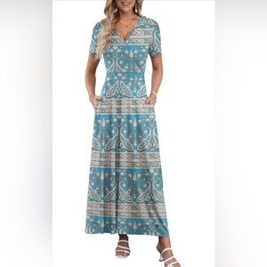 AUSELILY Maxi Dresses Ankle Length Floral Print Beach Long Flowy Dress/ pockets